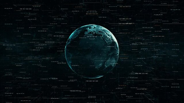 Global digital world, earth globe in space as symbol of global IT development, random hash codes and others elements which creating abstract 3D information technology animation