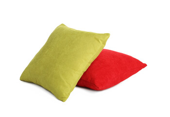 Different colorful decorative pillows on white background