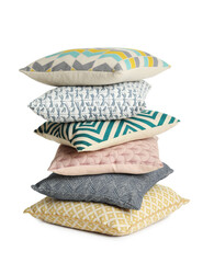 Stack of colorful decorative pillows on white background