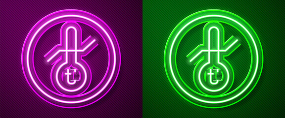 Glowing neon line Meteorology thermometer measuring icon isolated on purple and green background. Thermometer equipment showing hot or cold weather. Vector