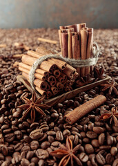 Coffee beans with anise and cinnamon sticks.