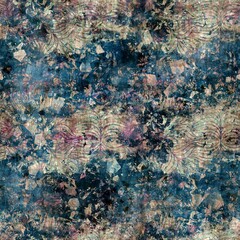 Seamless elegant mixed media pattern in navy, blue, pink, and cream. High quality illustration. Ornate and highly detailed and textured realistic faux collage. Sophisticated intense textile design.