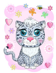 Cartoon snow leopard with expressive eyes. Wild animals, character, childish cute style.