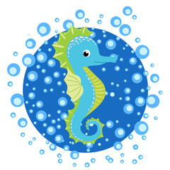 Seahorse, Scandinavian-style hippocampus, hand drawn, in water bulbs, pink and turquoise