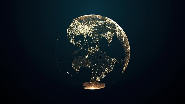 Animation Of Spinning Golden Globe Of The Earth Planet From Particulars On Dark Background, 4K Seamless Loop Earth Globe Animation