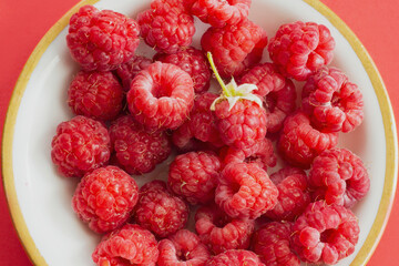 Ripe raspberry fruits on plate, healthy pile of summer berries  top view. Pattern flat lay of red scarlett  raspberry on pink background.