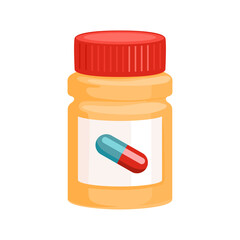 Vector bottle with pills and capsules isolated on white background. Medical drug icon. Illustration in cartoon flat style.