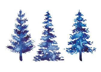 Set of three blue watercolor Christmas pine tree element on white background. Xmas holiday decorative winter spruce. Concept eve for greeting card. New year party painting fir shape. Hand painted