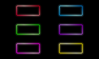 Set neon frames gradient yellow red green purple pink magenta dark blue glowing vector illustration.