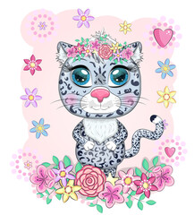 Cartoon snow leopard with expressive eyes among flowers, hearts, decorative elements. Wild animals, character, childish cute style.
