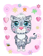 Cartoon snow leopard with expressive eyes among flowers, hearts, decorative elements. Wild animals, character, childish cute style.