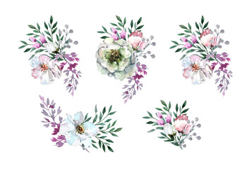 Peony flower, decorative branches of berries, leaves, stems of eucalyptus. Botanical set of floral elements on a white background. Hand drawn watercolor painting for wedding invitations, cards, banner