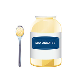 Mayonnaise in glass bottle with spoon set. Jar with white sauce. Condiment container in cartoon style. Vector illustration.