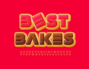Vector quality badge Best Bakes. Bright tasty Font. Delicious sweet Alphabet Letters and Numbers set