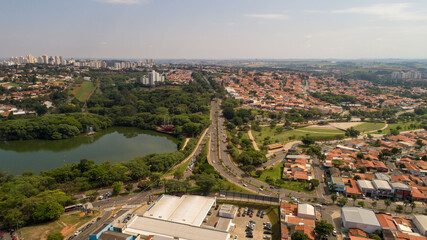 Aerial drone images from the Taquaral park in Campinas, São Paulo. With a view to Cambuí.