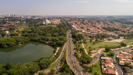 Aerial drone images from the Taquaral park in Campinas, São Paulo. With a view to Cambuí.