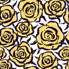 Bold vector hand drawn seamless pattern with yellow roses.  