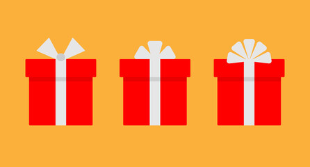 Flat gift boxes. Red gift boxes with white ribbons and bows. Set of vector Red boxes on isolated on orange background.