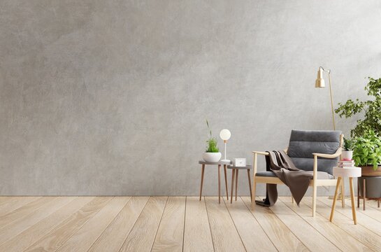 Living room interior in loft apartment with armchair,concrete wall.