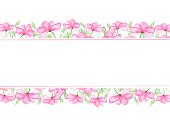 Fototapeta na wymiar Horizontal frame with delicate pink flowers and free space for text on a white background. For a wedding invitation, postcards to Mother's Day, Valentine's Day. Botanical watercolor illustration.