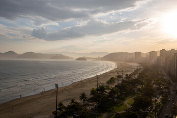 Santos beach panoramic view from above. With sunset in the background