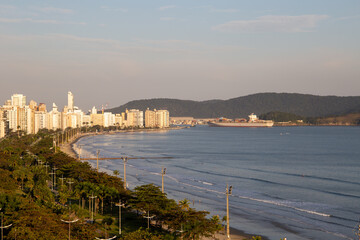 Fototapeta na wymiar Santos beach panoramic view from above. With sunset in the background