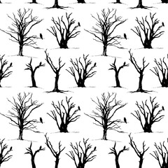 Obraz premium Tree and bird raven silhouette pattern, hand drawn vector illustration