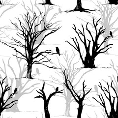Tree and bird raven silhouette pattern, hand drawn vector illustration