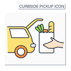 Curbside pickup color icon. Transporting products from grocery into car trunk. Safe way to pick up orders from supermarkets. Contact-free delivery concept. Isolated vector illustration
