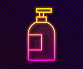 Glowing neon line Dishwashing liquid bottle icon isolated on black background. Liquid detergent for washing dishes. Vector