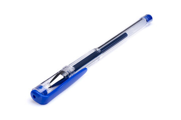 Plastic ballpoint pen on a white background. The subject is all in focus.