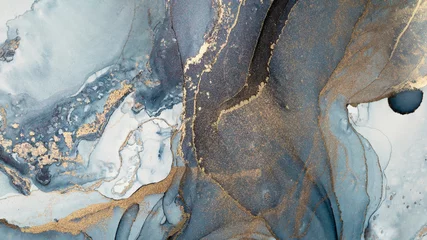 High resolution. Luxury abstract fluid art painting in alcohol ink technique, mixture of dark blue, gray and gold paints. Imitation of marble stone cut. Trendy interior wall design. © Екатерина Птушко