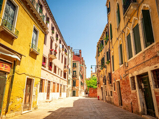 Venezia tight and old architecture Fassade shapes with blue sky background