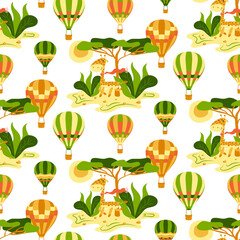Childish seamless pattern with hot air balloons, giraffe and savanna on a white background. Vector kids texture with cute giraffe and hot air balloon. Animal seamless pattern. Wildlife animals.