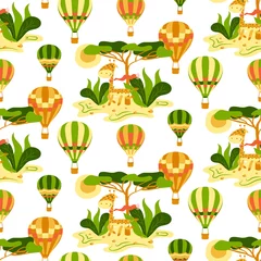 Papier Peint photo Montgolfière Childish seamless pattern with hot air balloons, giraffe and savanna on a white background. Vector kids texture with cute giraffe and hot air balloon. Animal seamless pattern. Wildlife animals.