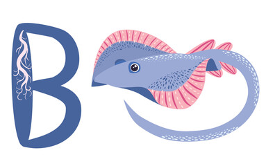 Fototapeta premium ABC kids Blue spotted sea animal cartoon character Ocean animal, cramp fish Stingray fish for illustration, wildlife design Funny sea animal alphabet