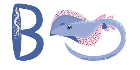 Naklejka premium ABC kids Blue spotted sea animal cartoon character Ocean animal, cramp fish Stingray fish for illustration, wildlife design Funny sea animal alphabet