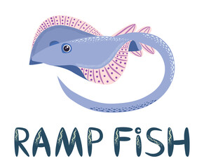 Stingray sails among the fish on a white background. illustration on a sea theme in a cartoon childlike style.