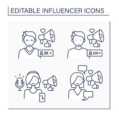 Influencer line icons set. Micro and macro influencer, podcaster, social posts writer. Blogging concept. Isolated vector illustration. Editable stroke