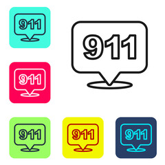 Black line Telephone with emergency call 911 icon isolated on white background. Police, ambulance, fire department, call, phone. Set icons in color square buttons. Vector