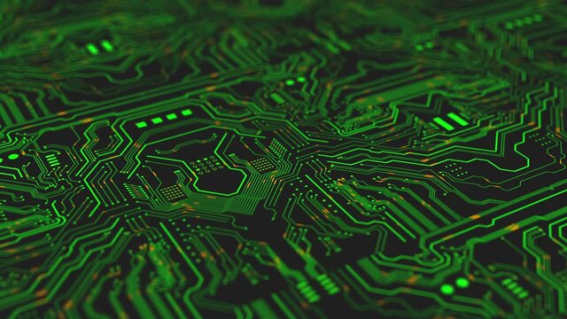 Green Circuit Board Computer Animation with Lines. view spins around a green animating circuit board with flowing information concept
