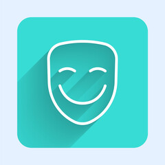 White line Comedy theatrical mask icon isolated with long shadow background. Green square button. Vector