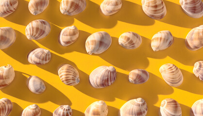 Seashells on yellow with graphic look.