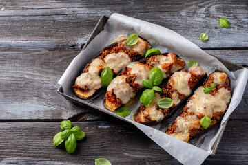 eggplant aubergine stuffed minced meat with tomato sauce and mozzarella cheese