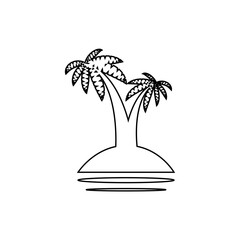 Tropical sea island with plants, palm trees, black silhouettes isolated on white background.
