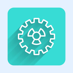 White line Radioactive icon isolated with long shadow background. Radioactive toxic symbol. Radiation hazard sign. Green square button. Vector