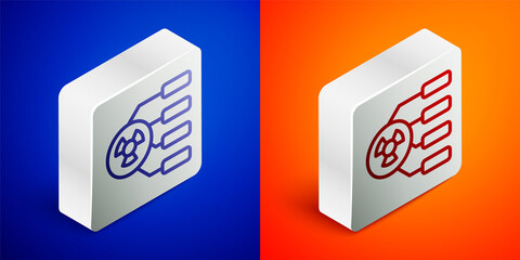 Isometric line Radioactive icon isolated on blue and orange background. Radioactive toxic symbol. Radiation hazard sign. Silver square button. Vector