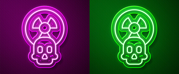 Glowing neon line Radioactive icon isolated on purple and green background. Radioactive toxic symbol. Radiation hazard sign. Vector