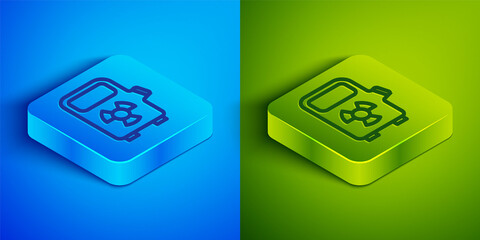 Isometric line Electric car charging station icon isolated on blue and green background. Eco electric fuel pump sign. Square button. Vector