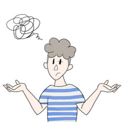 青と白の縞模様のTシャツを着て肩をすくめる男性のイラスト